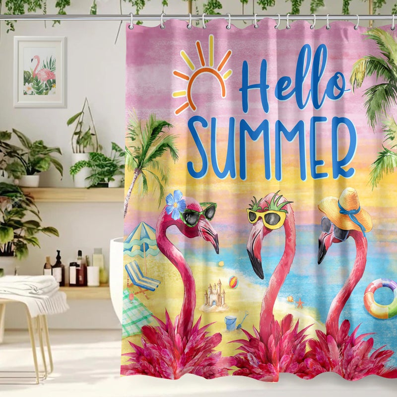Kuyuayee Flamingo Shower Curtain 72x72 Inch Hello Summer Shower Curtains for Bathroom with Hooks Summer Flamingo Bathroom Home Bath Decor Waterproof Fabric - Image 1
